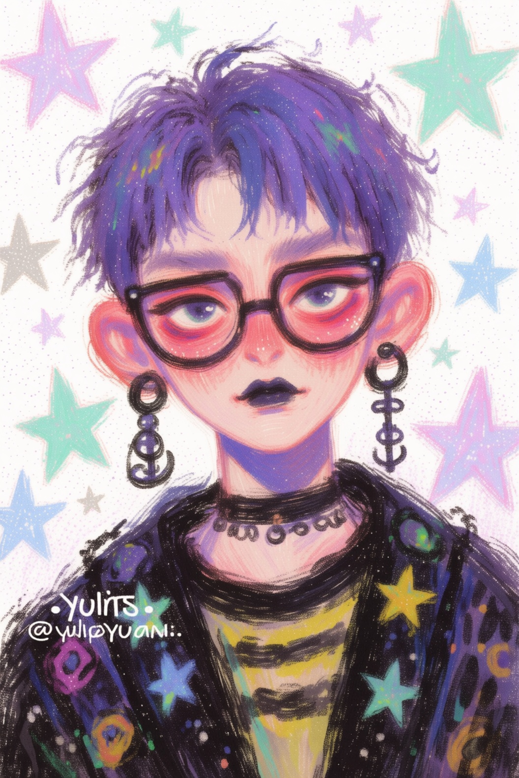 The image features a stylized illustration of a person with short,  purple hair and large,  round glasses. The individual...