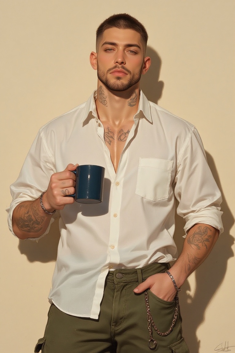 The image shows a man standing against a plain beige background. He is wearing a white button-up shirt that is slightly un...