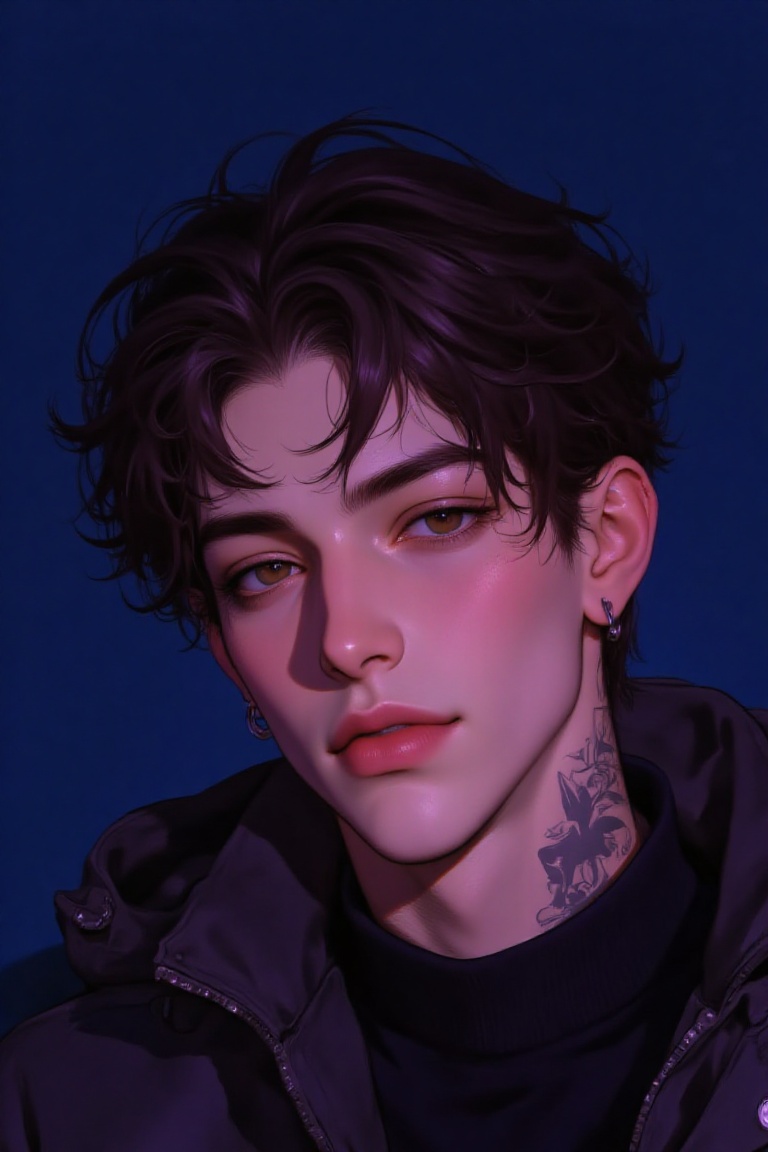 The image depicts a young male character with short,  dark hair styled in a slightly messy manner. He has a side profile v...