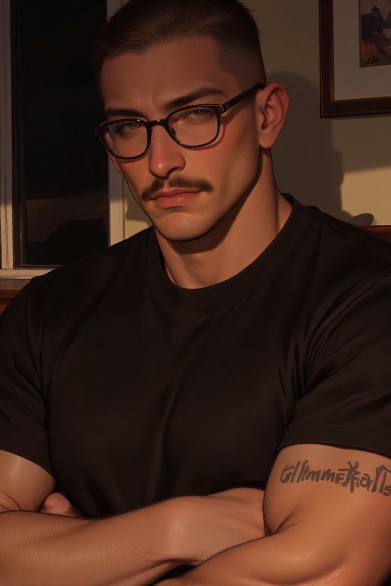 The image depicts a man with short,  dark hair and a prominent mustache,  wearing large black-rimmed glasses. He is dresse...