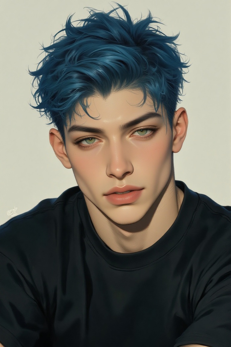 The image depicts a close-up of a person with short,  spiky blue hair and striking green eyes. The individual is wearing a...