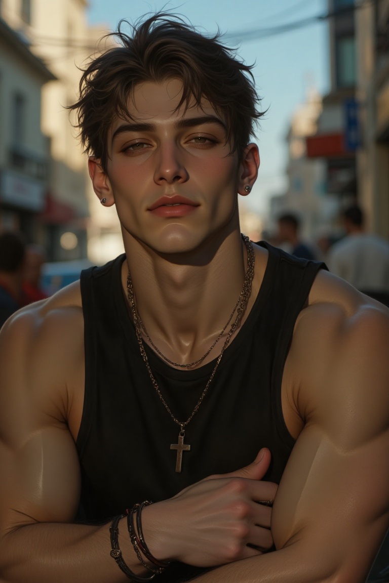The image depicts a young man with short,  dark hair and a confident expression. He is wearing a sleeveless black top that...