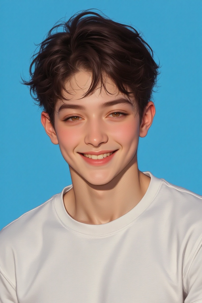 The image depicts a young person with short,  dark hair styled in a slightly messy manner. They are wearing a plain white...