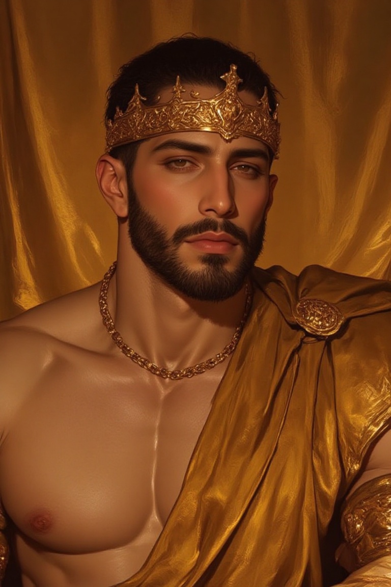 The image depicts a man with a well-groomed beard and mustache,  wearing a luxurious golden crown and necklace. He is dres...