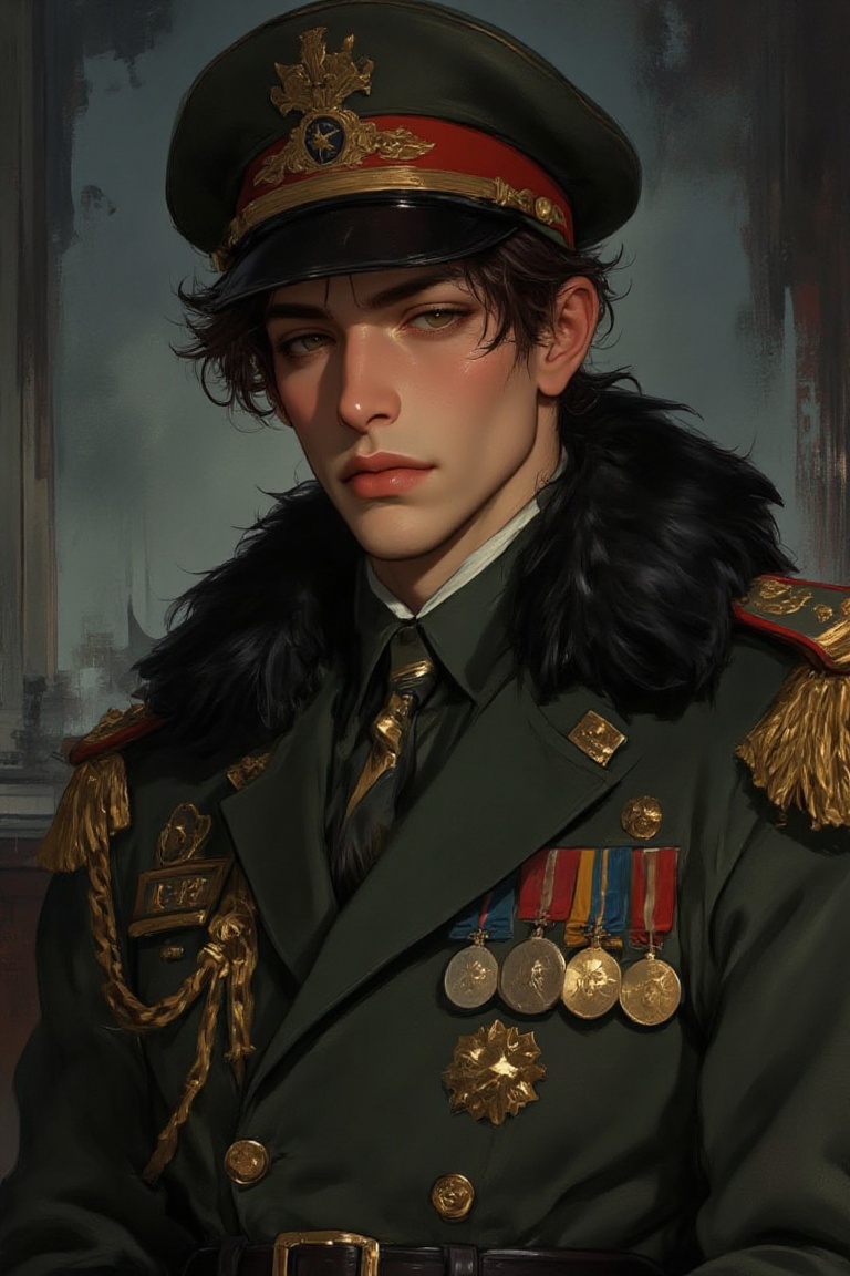 The image depicts a highly stylized and detailed illustration of a person wearing a military uniform. The individual is dr...