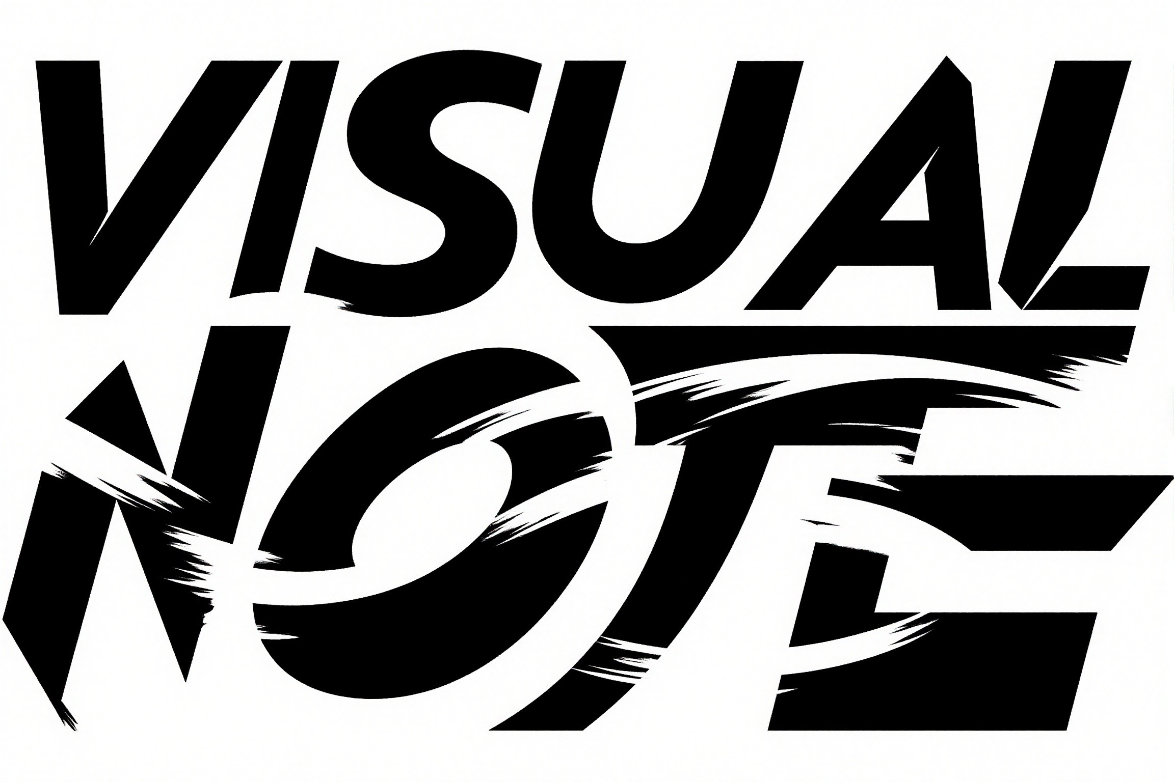 masterpiece monochrome black and white bold,  stylized single brand designer made text logo that reads "VISUAL NOTE" in a...
