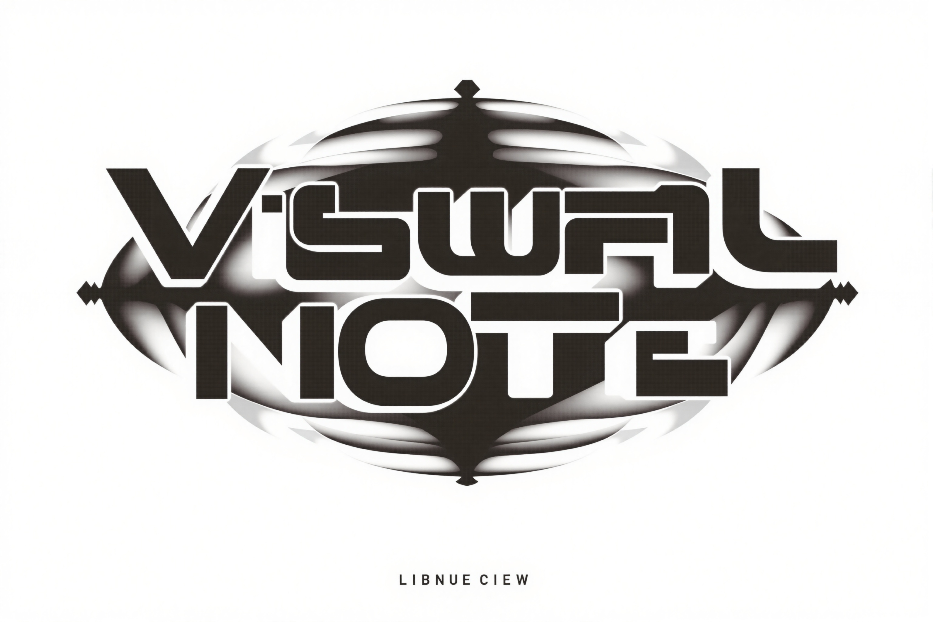 masterpiece monochrome black and white bold,  stylized single brand designer made text logo that reads "VISUAL NOTE" in a...