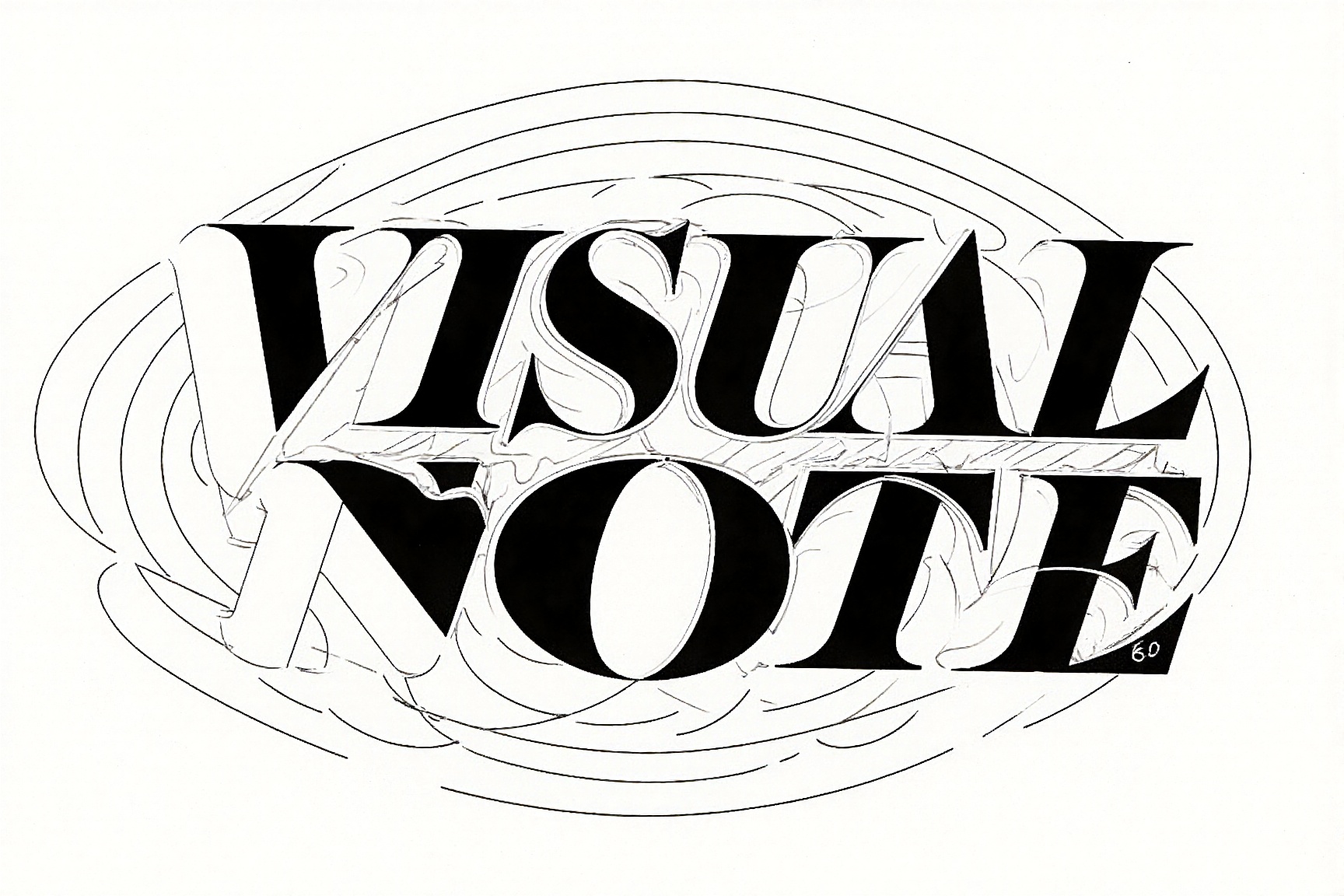 masterpiece monochrome black and white bold,  stylized single brand designer made text logo that reads "VISUAL NOTE" in a...