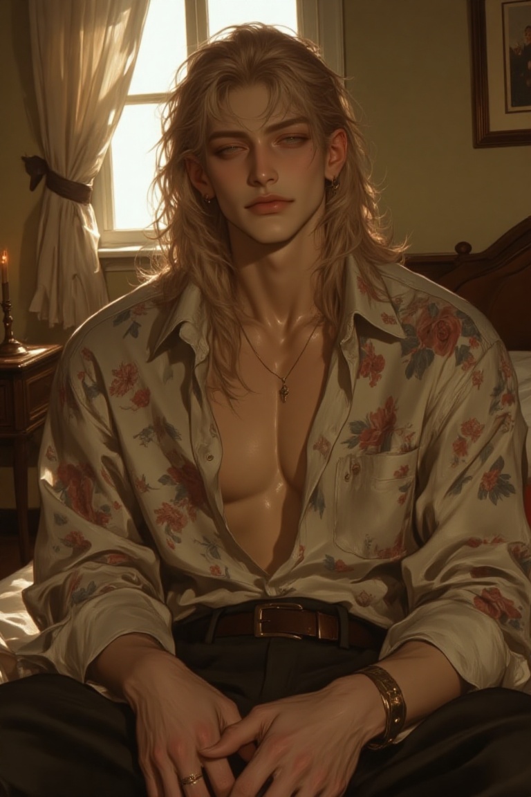 The image depicts a young person with long,  wavy blonde hair sitting on a bed. They are wearing a light-colored,  floral-...