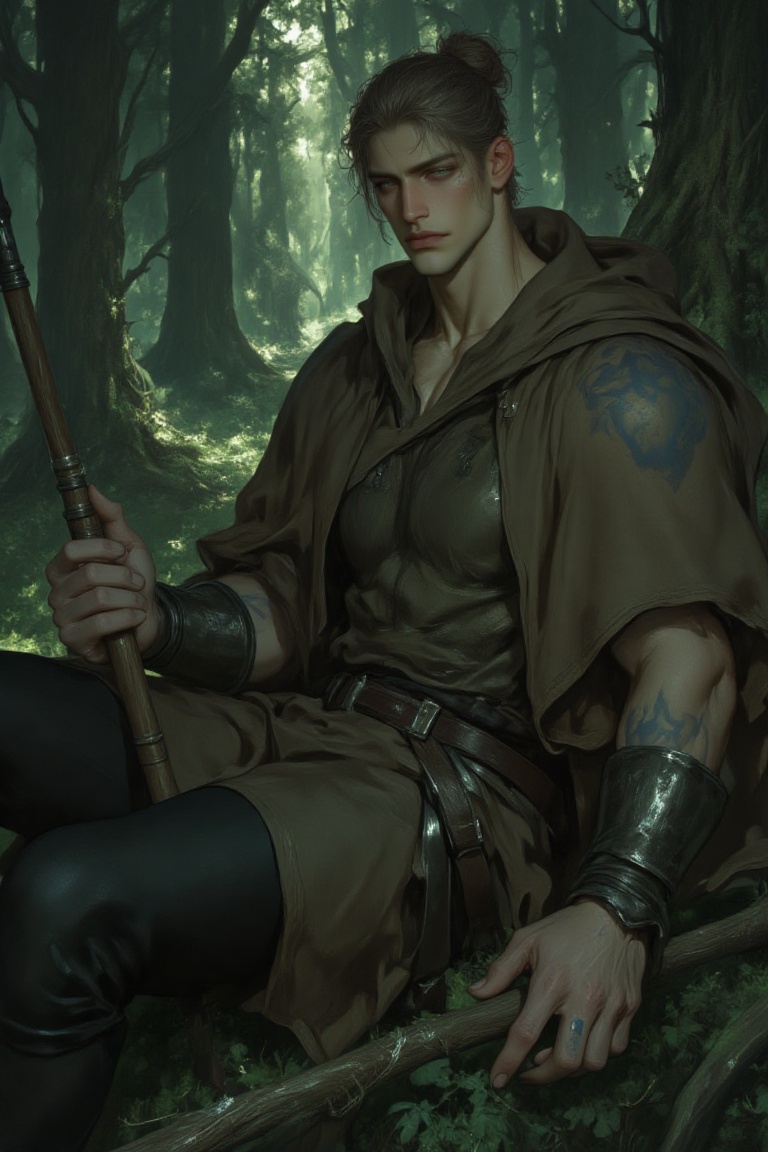 The image depicts a man sitting in a forest,  dressed in a brown cloak and armored gauntlets. He has a wooden staff in his...