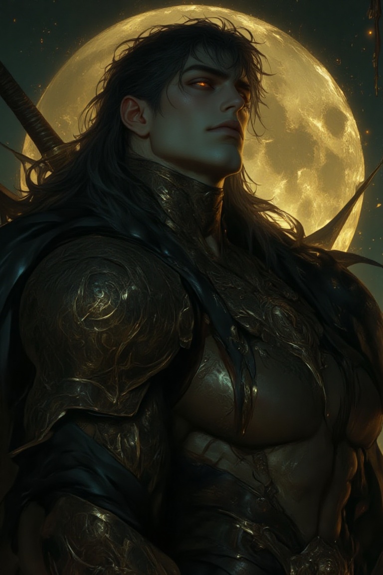 The image depicts a highly detailed and dramatic fantasy character. The figure is clad in ornate,  dark armor with intrica...