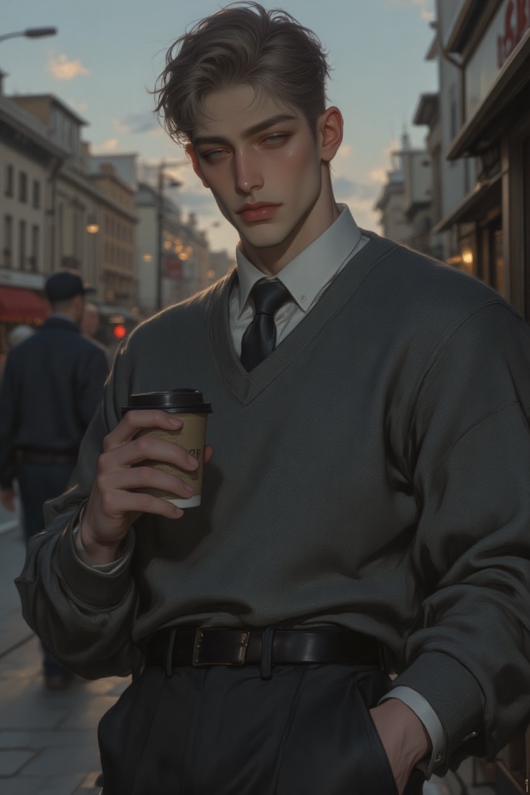 The image shows a person standing outdoors,  holding a disposable coffee cup in their right hand. They are dressed in a gr...