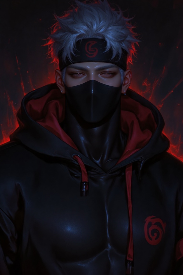 The image depicts a stylized,  anime-inspired character with spiky white hair and a black mask covering the lower half of...