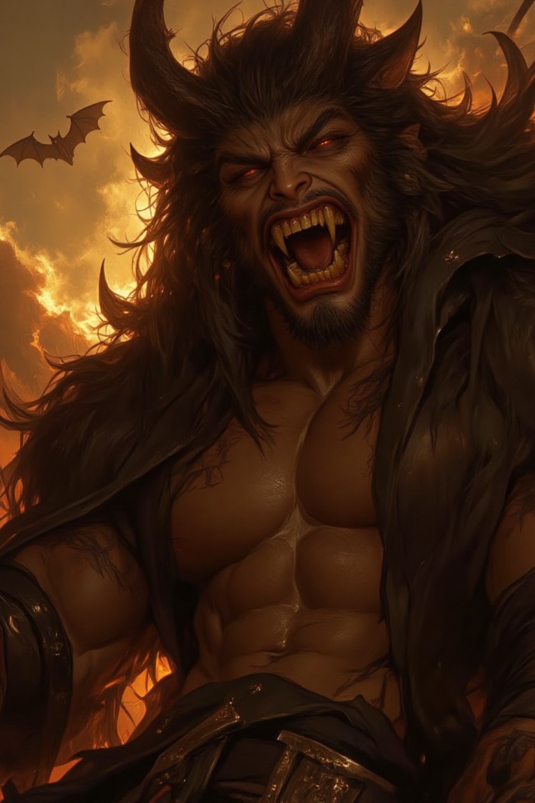 The image depicts a fierce,  mythical creature with sharp,  menacing teeth and a wild on Tensor.Art