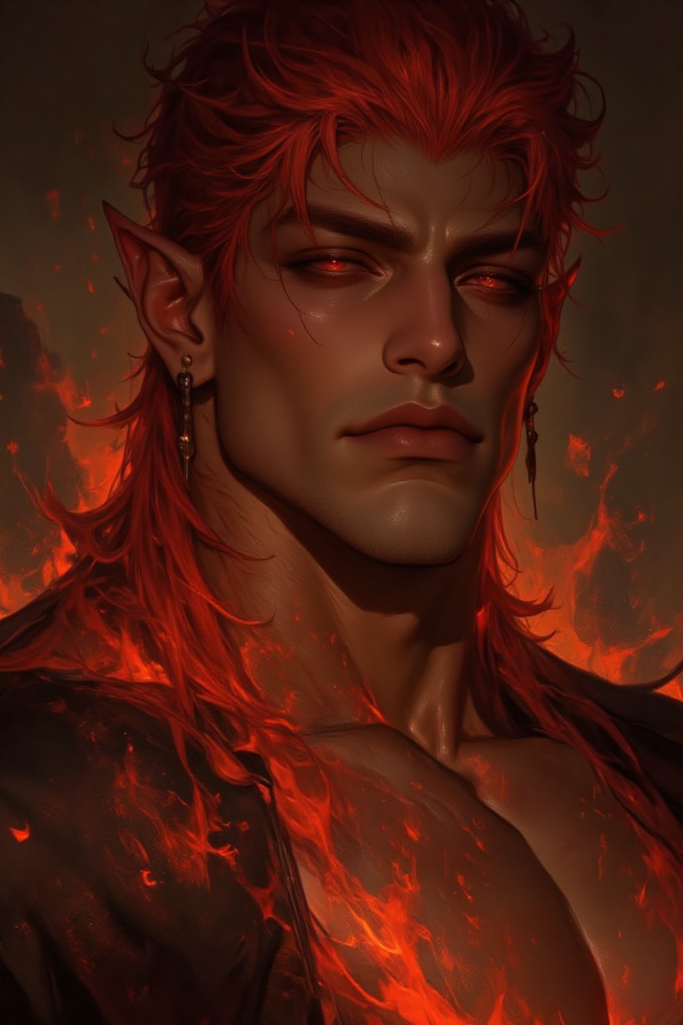 The image depicts a fantastical character with striking red and orange flames as hair,  giving the impression of being eng...