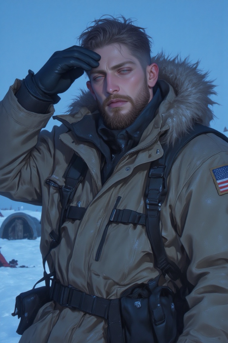 The image depicts a man standing in a snowy landscape,  dressed in a heavy winter coat with a fur-lined collar. He has a t...