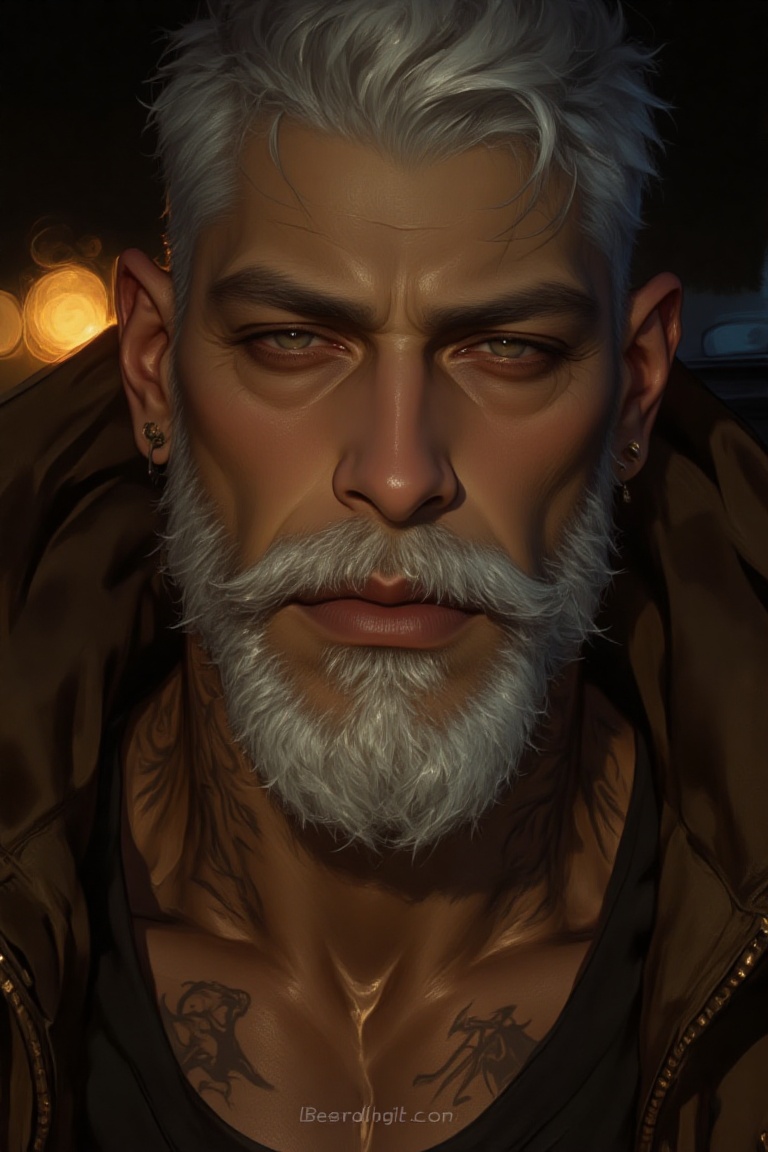 The image shows a close-up of a man with a full,  white beard and a well-groomed hairstyle. He is wearing a dark brown lea...