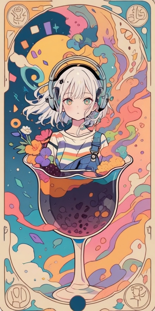 Anime Style. A vibrant and stylized anime-style illustration. The main character is a girl with long,  straight white hair...