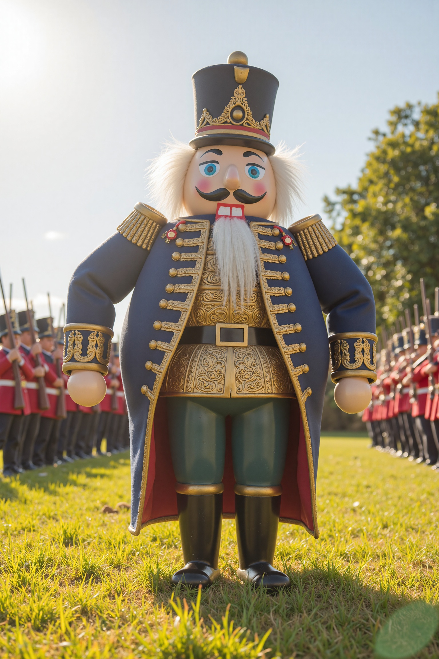 A very fat FancyNutcracker with a prominent nutcracker mouth stands center-frame in a sunny field,  his plump,  clumsy bod...