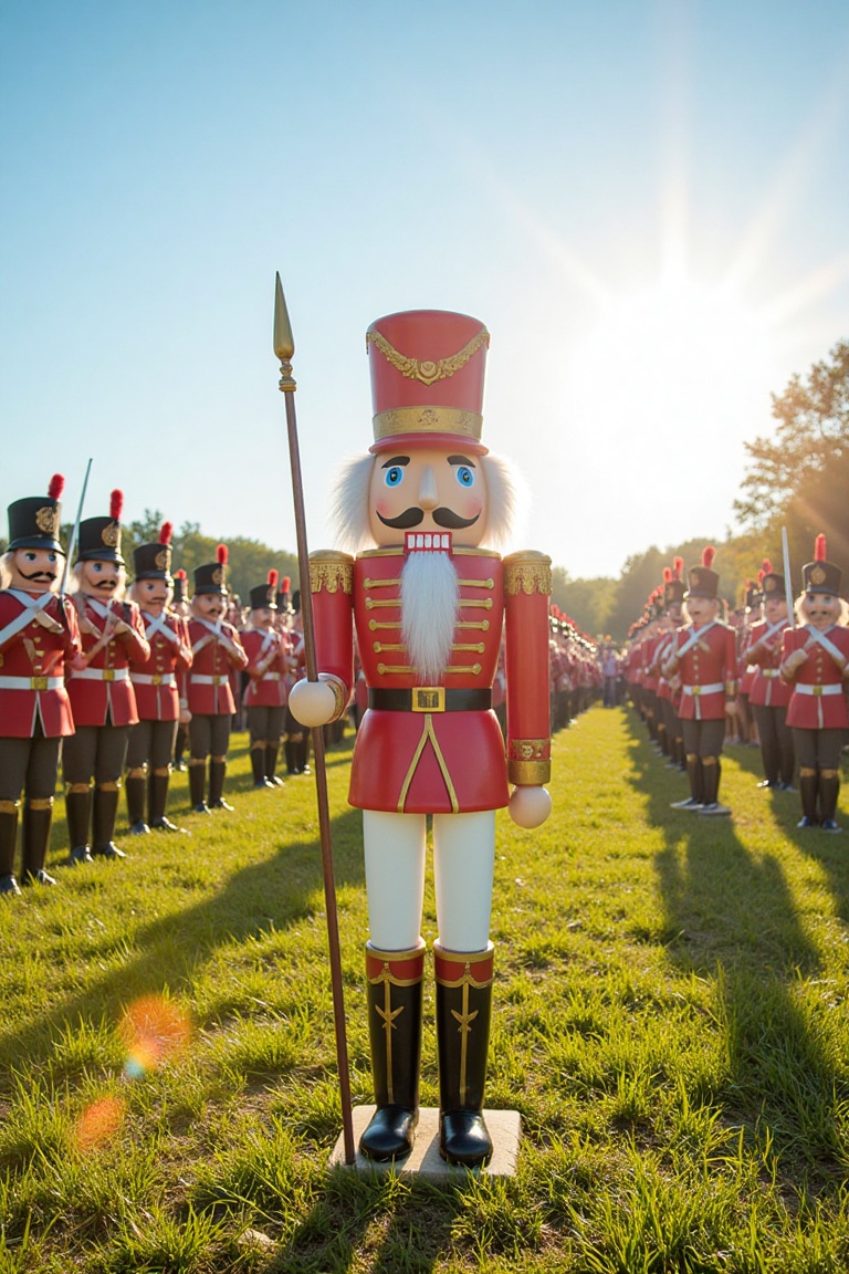 FancyNutcracker stands proudly at the forefront of a vast British army on a bright sunny day,  positioned in an open green...