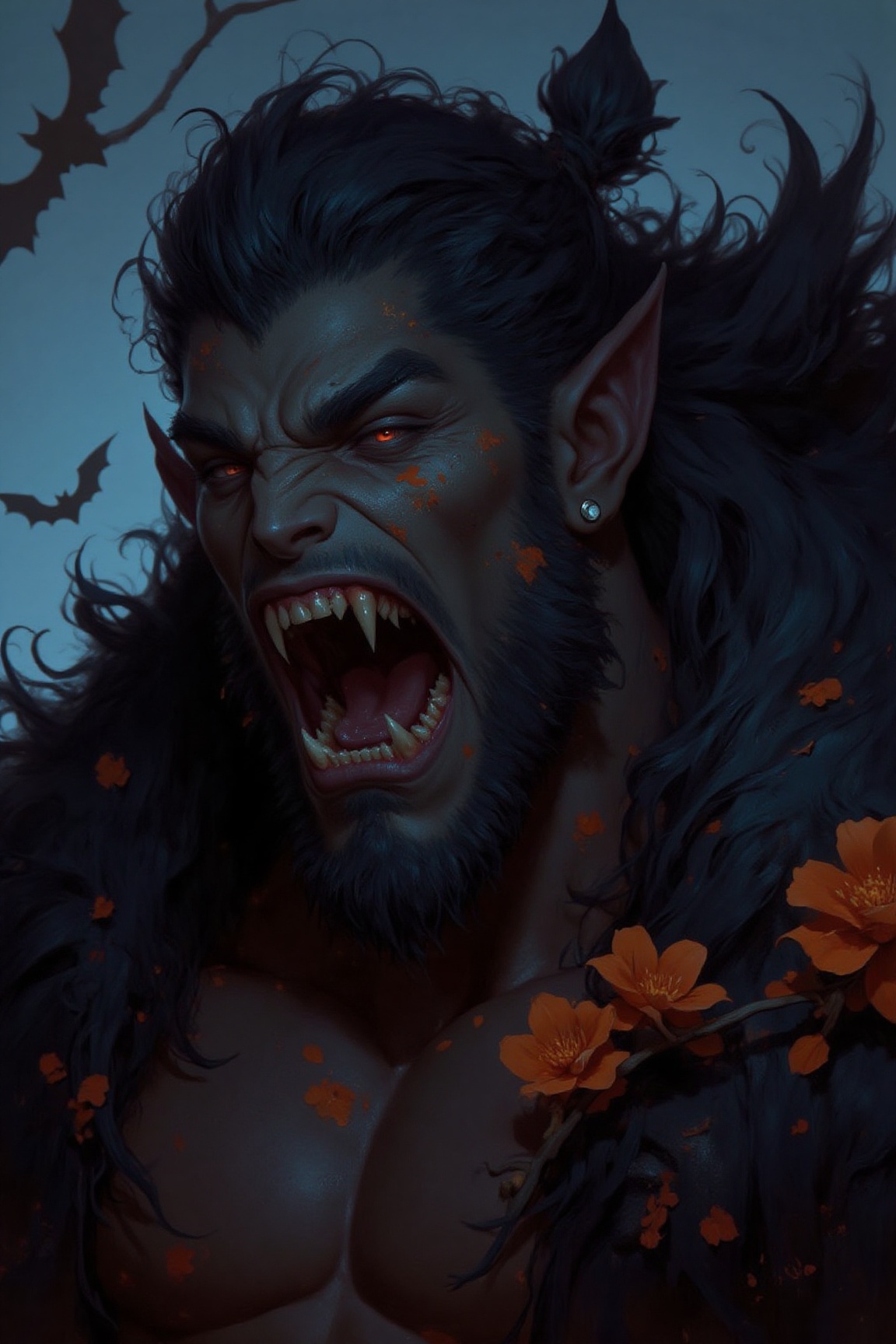The image depicts a fierce,  mythical creature with sharp,  menacing teeth and a snarling expression. Its fur appears thic...