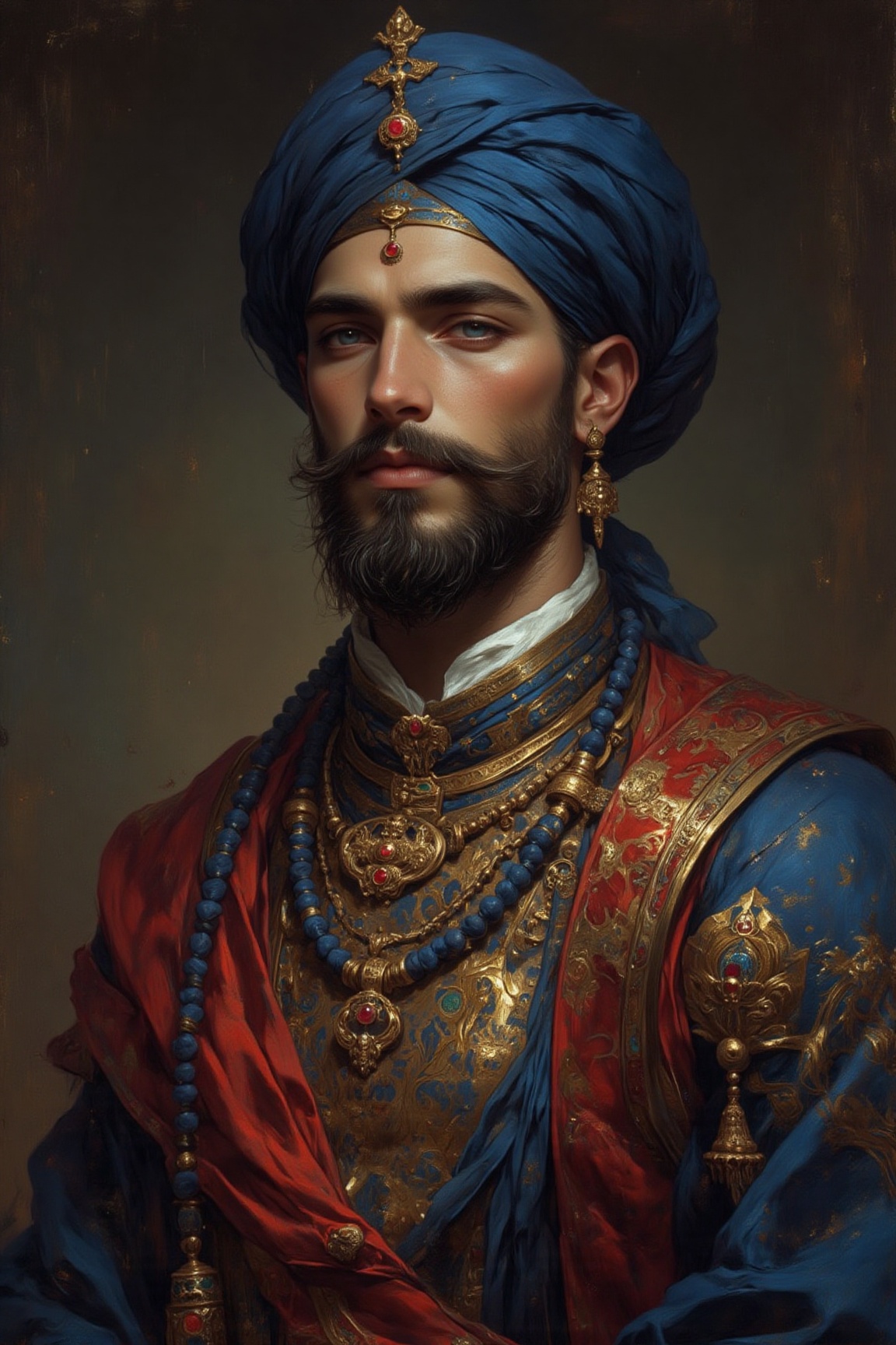 The image depicts a highly detailed and richly adorned figure,  likely a person of significance,  dressed in traditional a...