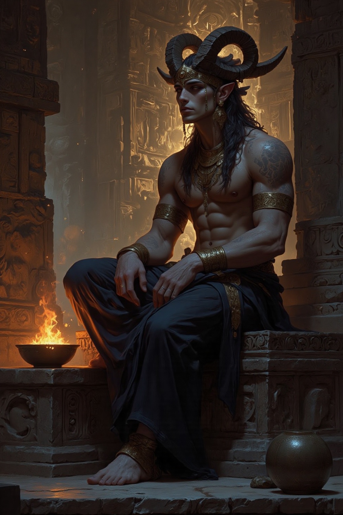 The image depicts a figure seated on a stone platform,  adorned in intricate,  ancient-style attire. The individual is wea...