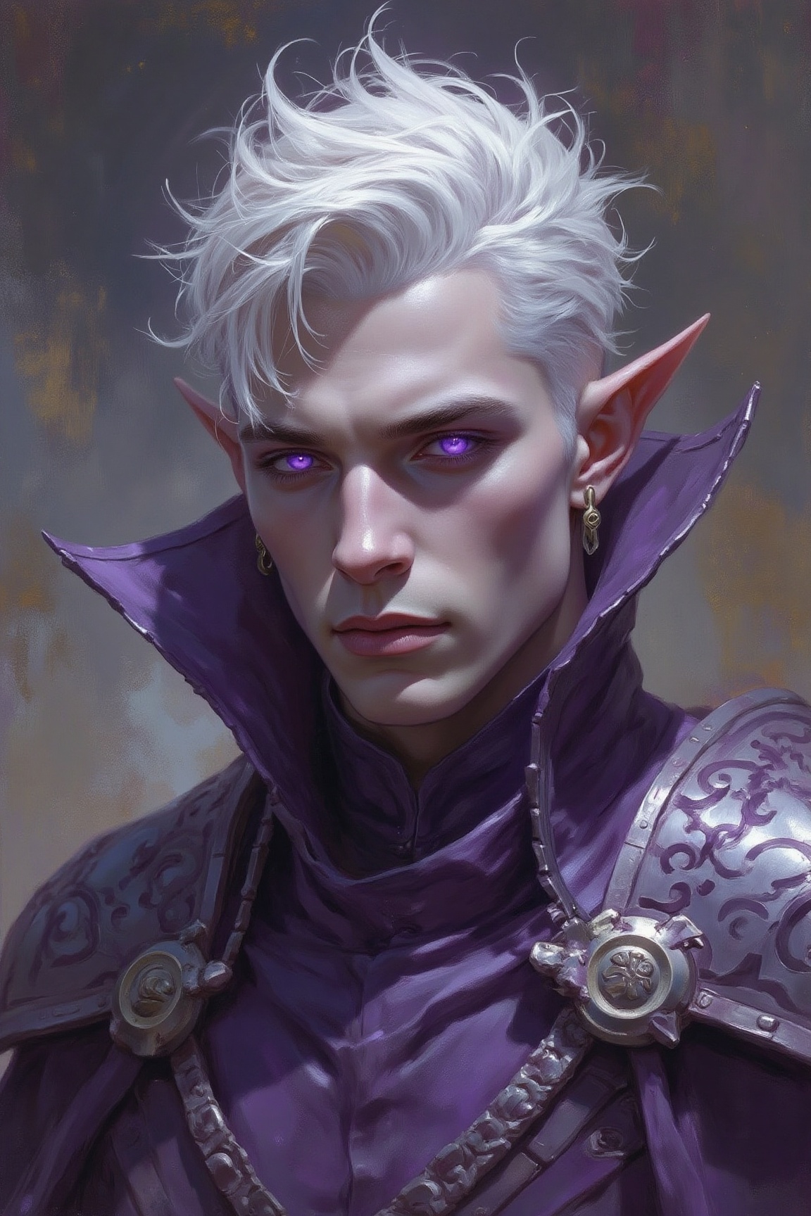 The image depicts a fantasy character with pale skin and pointed ears,  suggesting an elven or similar race. The character...