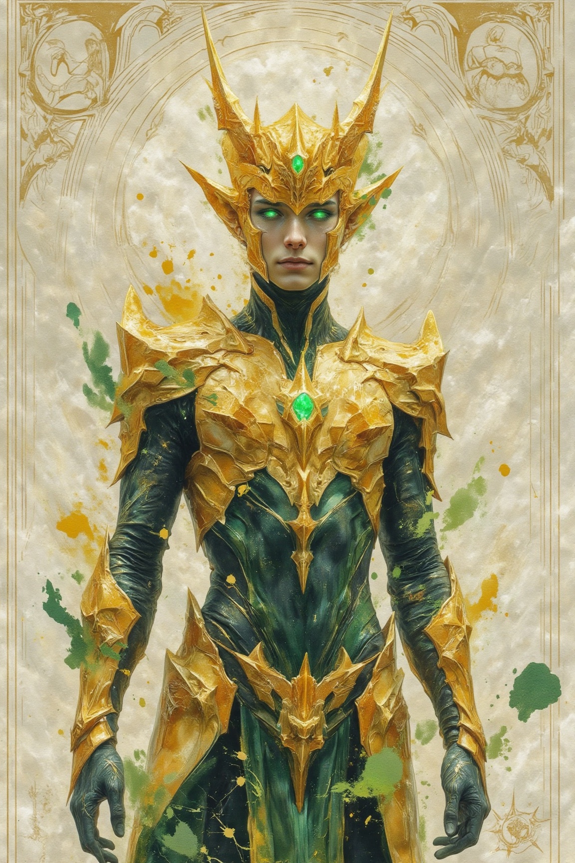 The image depicts a figure clad in intricate,  golden armor that appears to be made of crystalline or metallic material. T...
