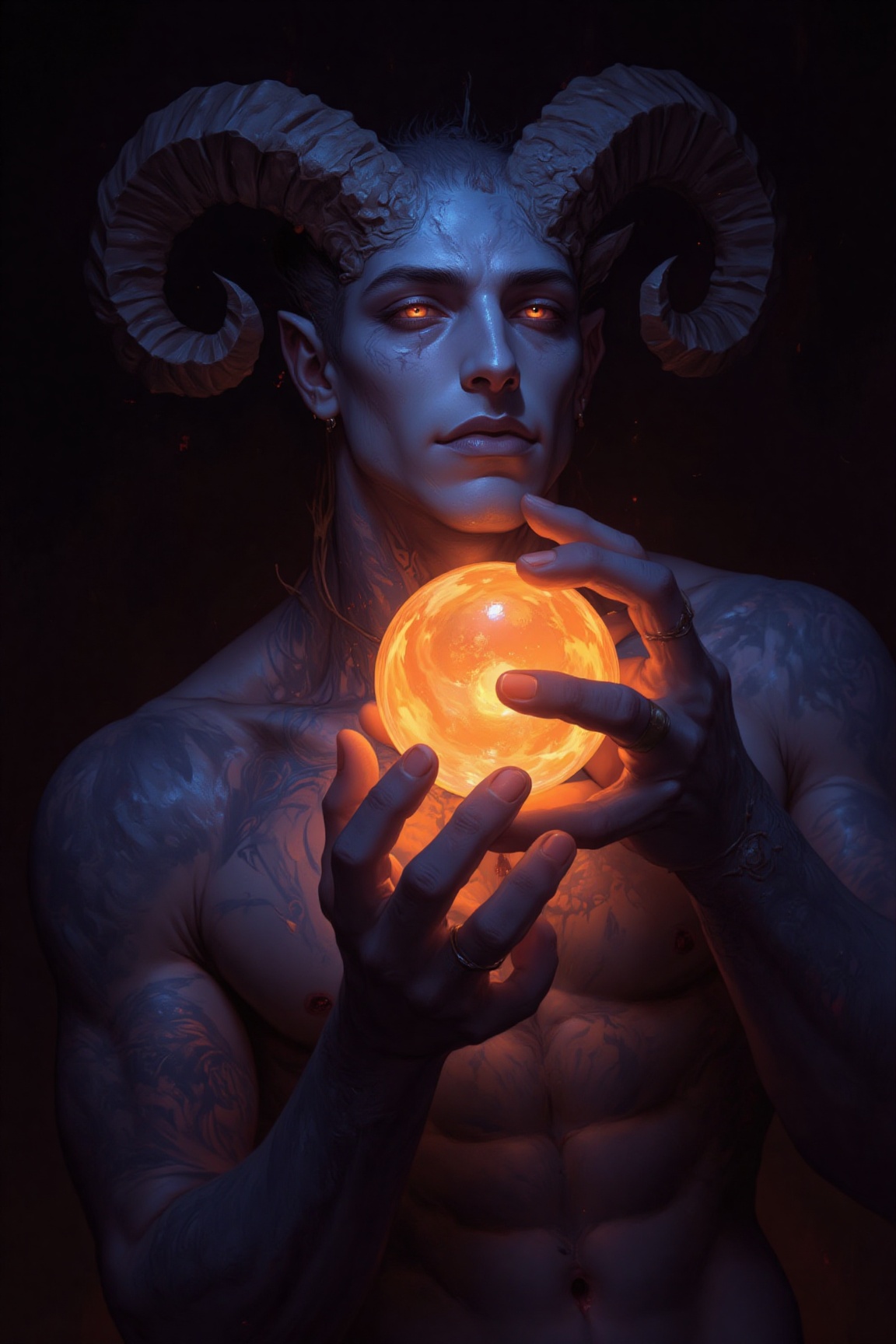 The image depicts a fantastical character with pale blue skin and intricate tattoos. The character has large,  curved horn...