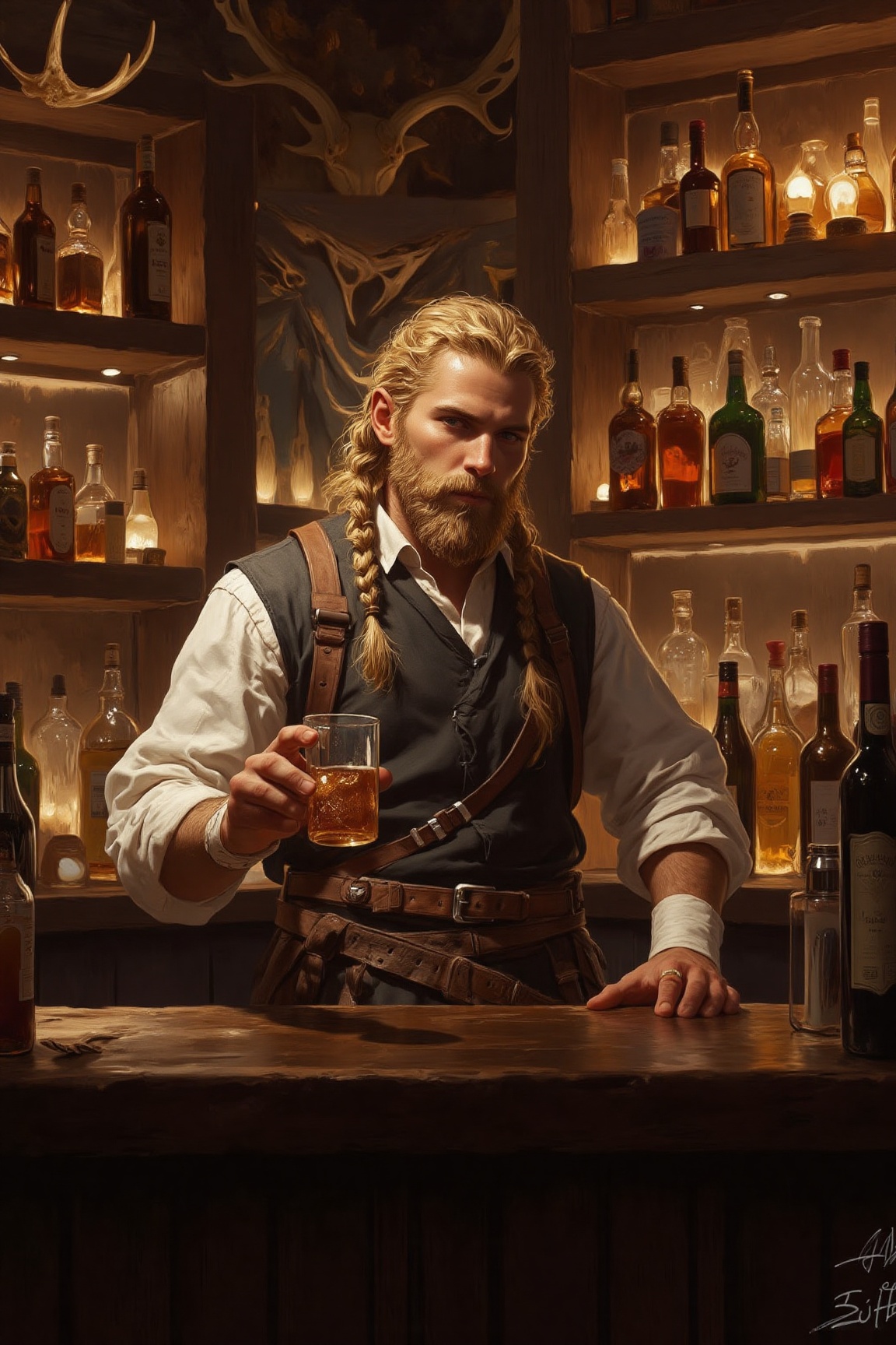 The image depicts a fantasy-themed bar scene with a bartender standing behind the counter. The bartender has long,  blonde...