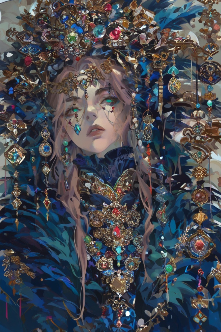 The image depicts a highly stylized and artistic portrayal of a person adorned in luxurious,  ornate jewelry. The individu...
