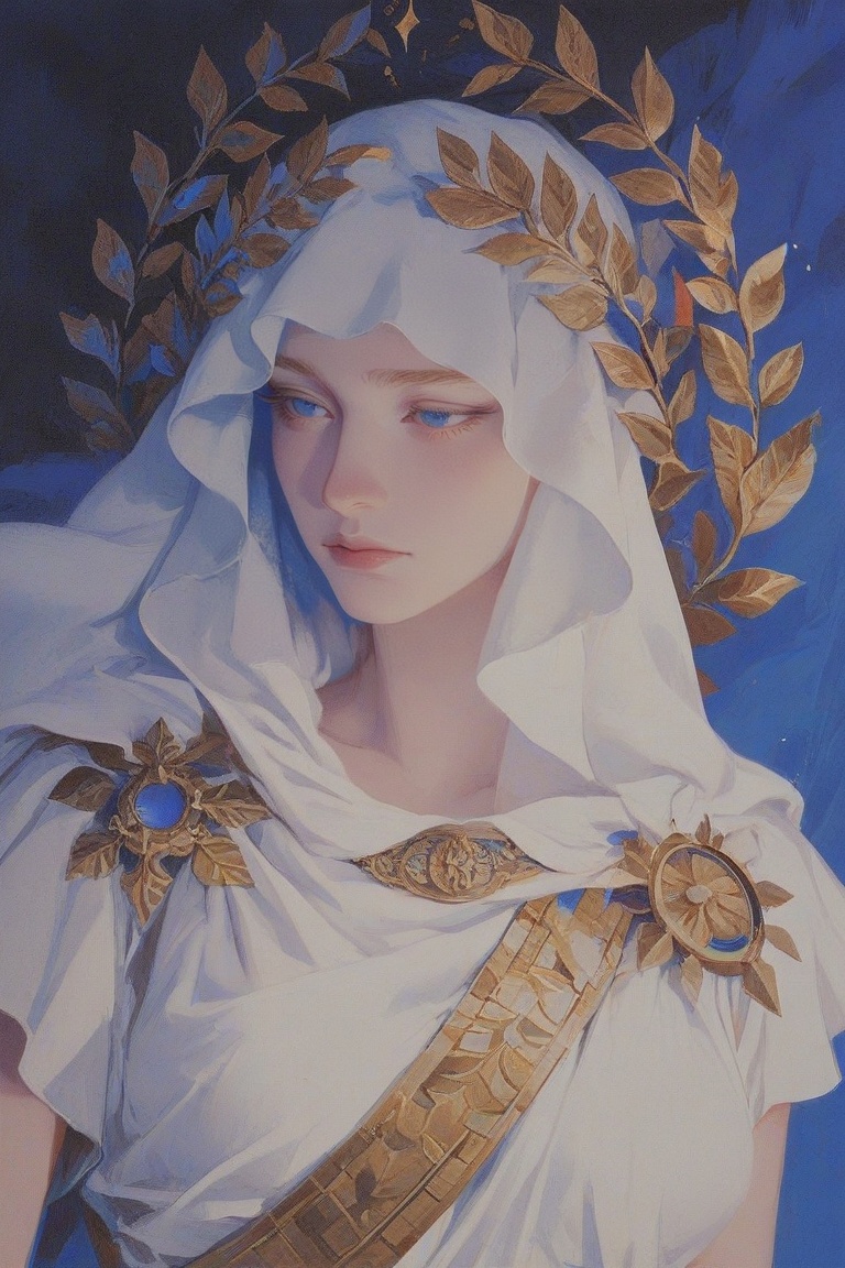 The image features a striking artistic depiction of a classical figure,  likely inspired by ancient Greek or Roman art,  c...