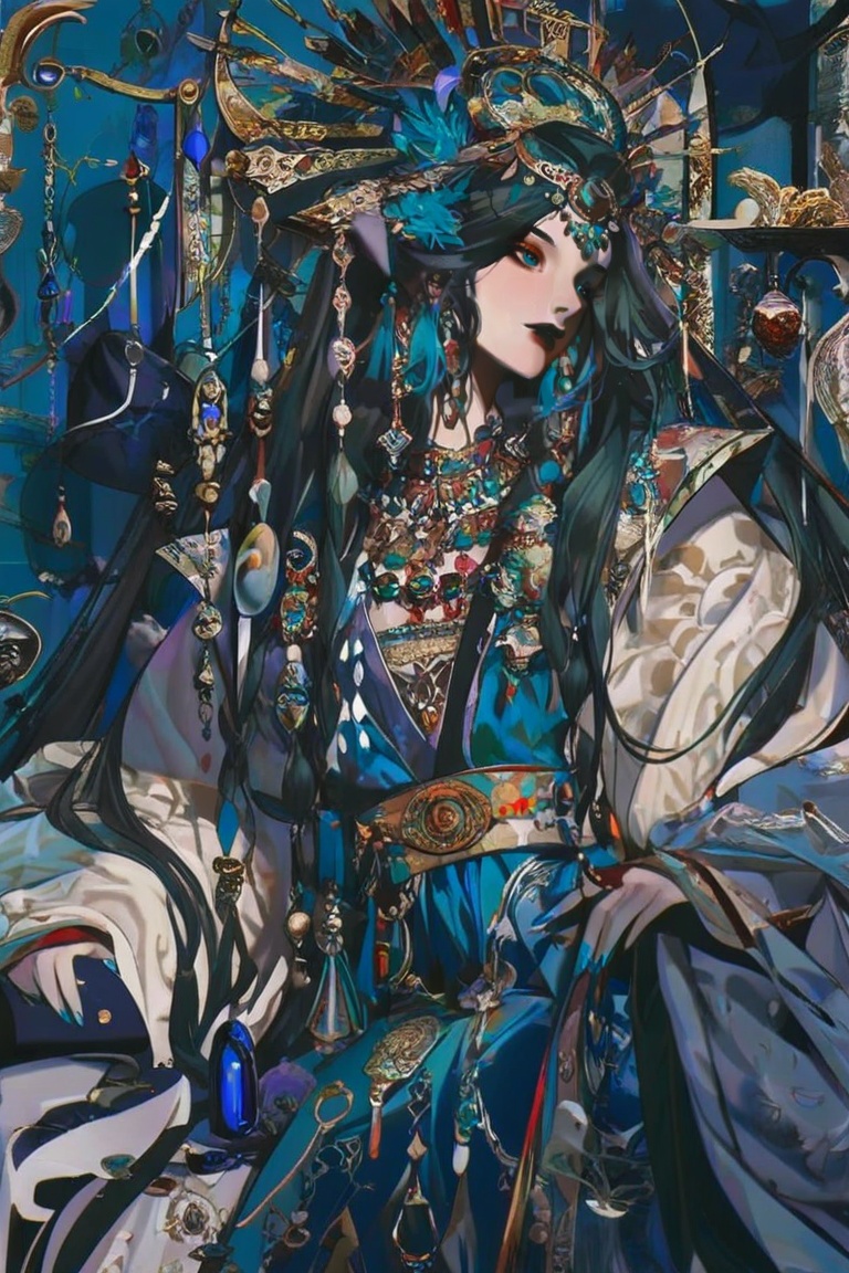 The image depicts a highly stylized and artistic portrayal of a person adorned in luxurious,  ornate jewelry. The individu...