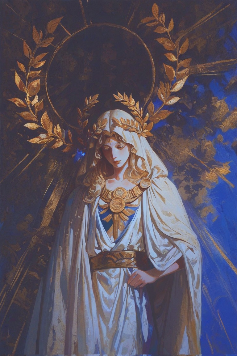 The image features a striking artistic depiction of a classical figure,  likely inspired by ancient Greek or Roman art,  c...