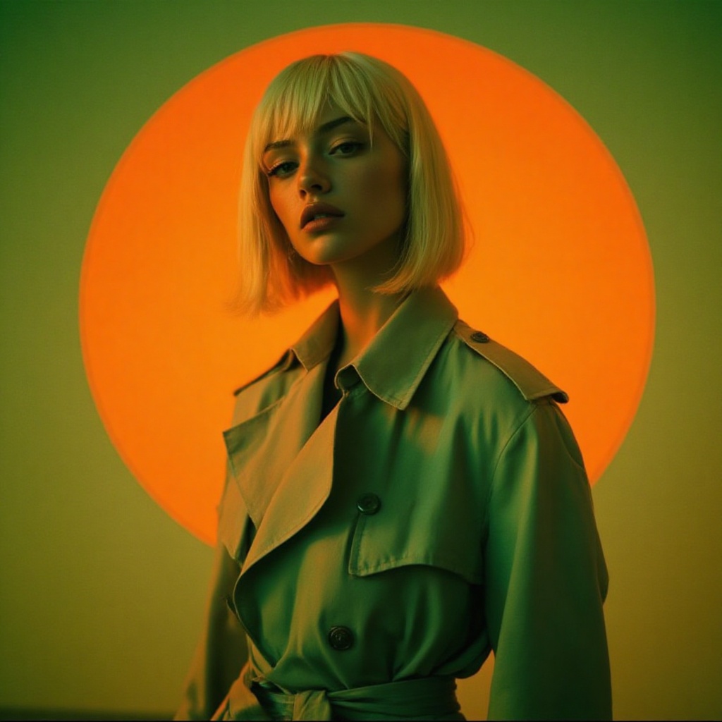 Photograph of a young woman with a short,  platinum blonde bob haircut,  standing against a vivid orange on Tensor.Art
