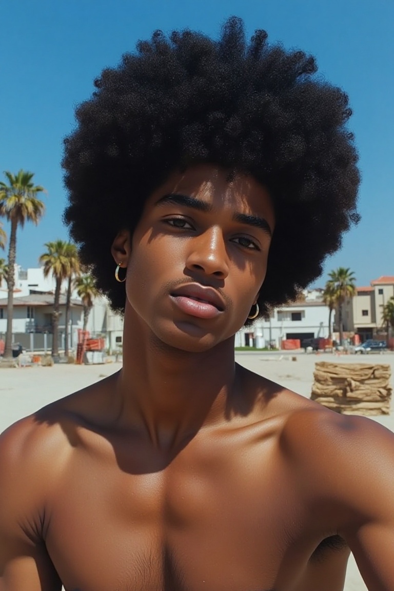 The image shows a person with dark skin and a large,  voluminous afro hairstyle. The individual is shirtless and appears t...