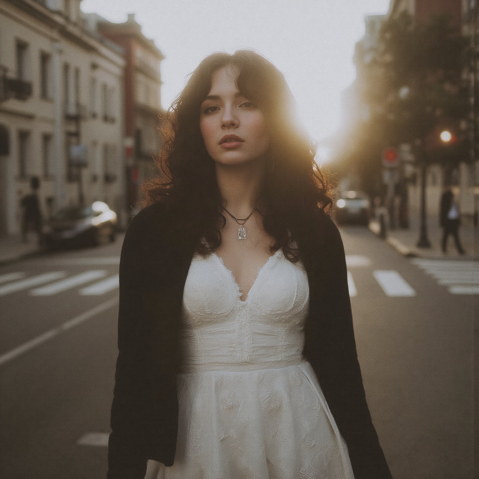 The image depicts a person standing on a city street,  with a blurred background that includes a crosswalk,  a few cars on...