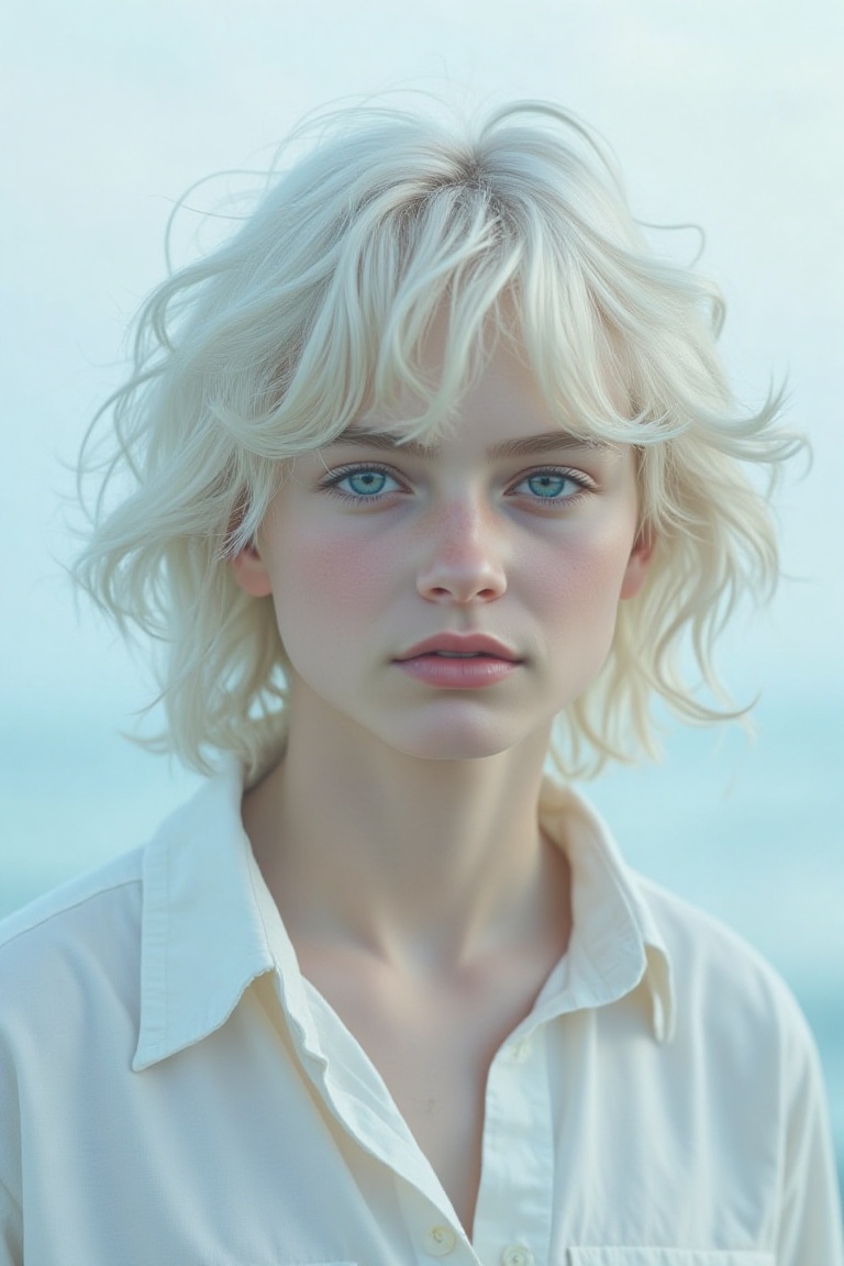 The image depicts a young person with short,  wavy white hair and striking blue eyes. The individual is wearing a light-co...