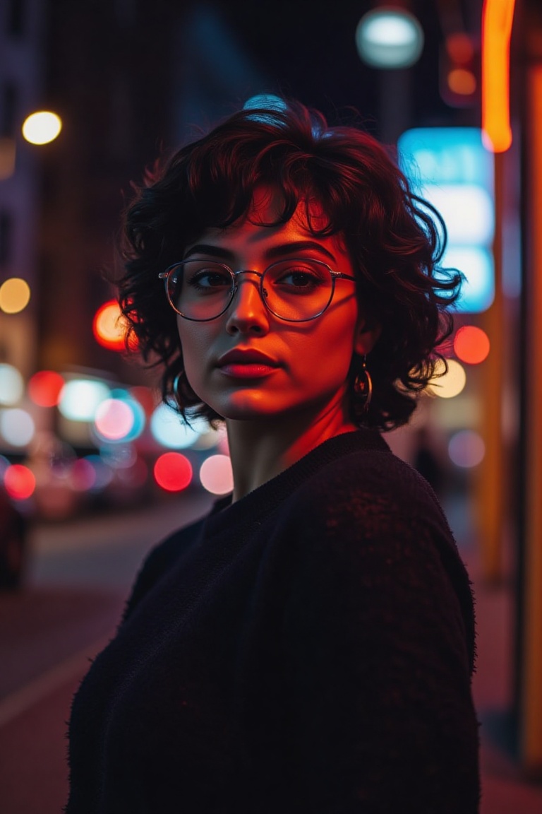 The image features a woman with short,  curly,  dark hair wearing round glasses. They are dressed in a black on Tensor.Art