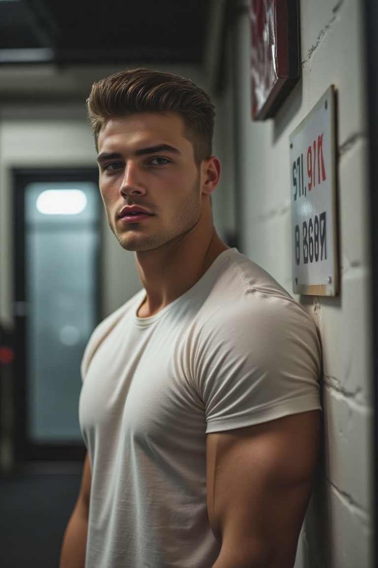 The image shows a young man with short,  styled hair wearing a light-colored,  short-sleeved t-shirt. He is standing again...
