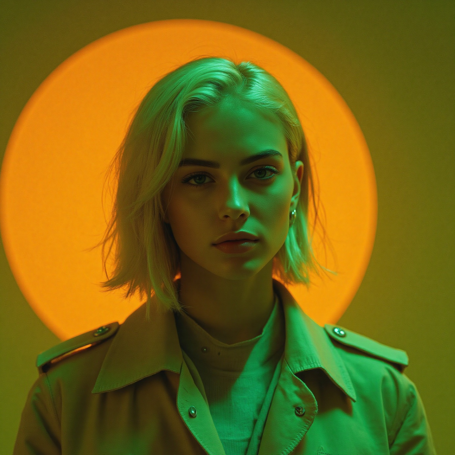 Photograph of a young woman with a short,  platinum blonde bob haircut,  standing against a vivid orange on Tensor.Art