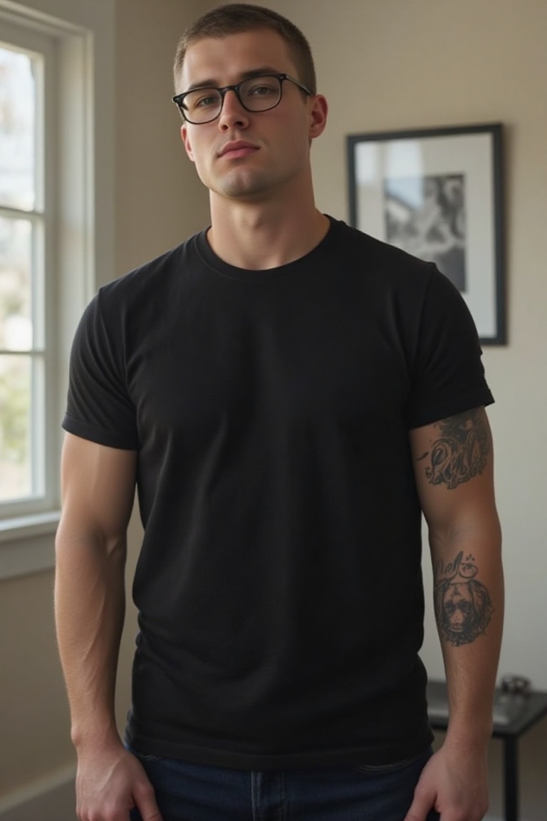 The image depicts a person wearing a black t-shirt with a visible tattoo on their left arm. The tattoo features the text "...
