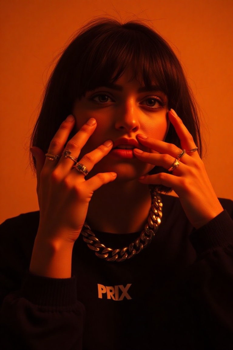 The image features a person with short,  dark hair styled in a bob cut,  wearing a black top with a visible logo that read...