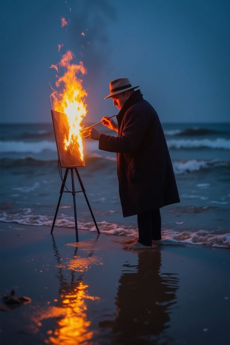 The image depicts a man standing on a beach at dusk or dawn,  wearing a dark coat and a hat. They are painting on a canvas...