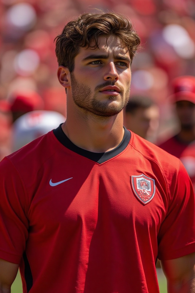 The image shows a person wearing a red sports jersey,  likely an American football player,  with a black collar visible un...