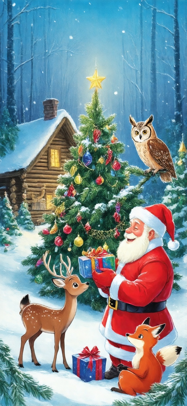 traditional media,  oldpostcard. (Christmas tree focus). In the center of the illustration is a Christmas tree. A heartwar...