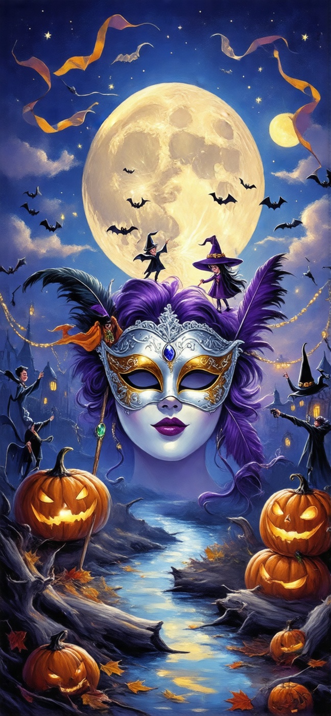 A surreal Halloween night sky with a giant full moon wearing an elegant theatrical mask of silver and gold filigree,  deli...