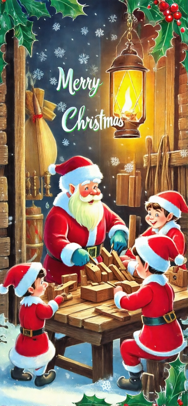 traditional media,  oldpostcard. A cozy,  vintage Christmas card showcasing Santa Claus and his elves crafting wooden toys...