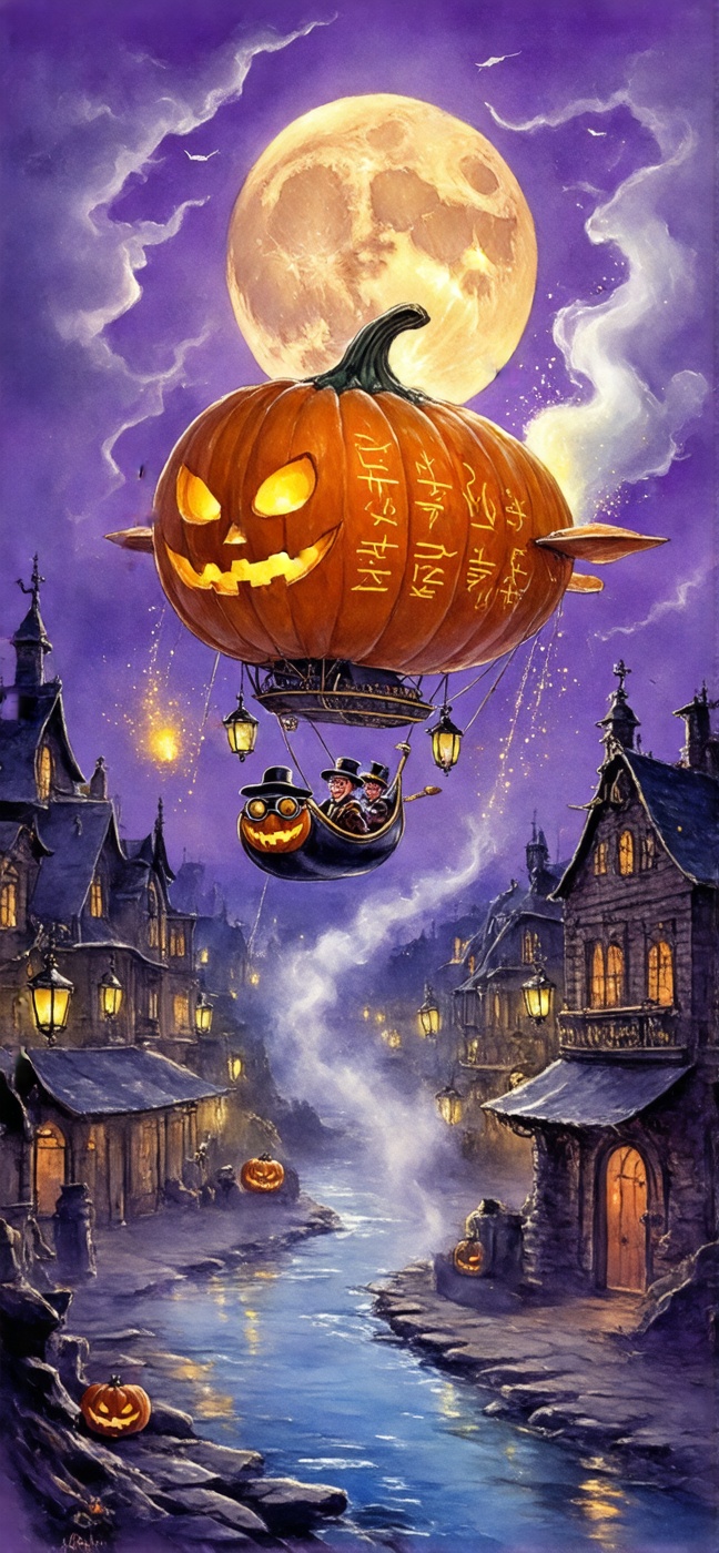 A giant pumpkin-shaped airship floating gracefully above a foggy Halloween town,  its orange surface carved with glowing r...